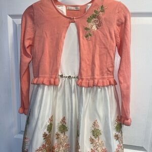 American Princess Coral Pink Cardigan and Ivory Floral Dress Set